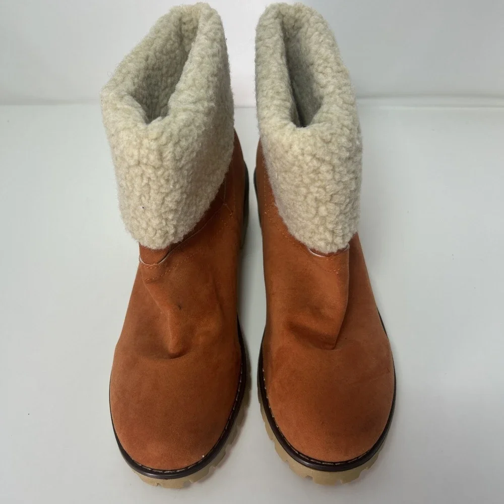 Orange Faux‎ Suede Ankle Boots Women's Sz EU 40, US 8 Sherpa Lined, Chunky Heel